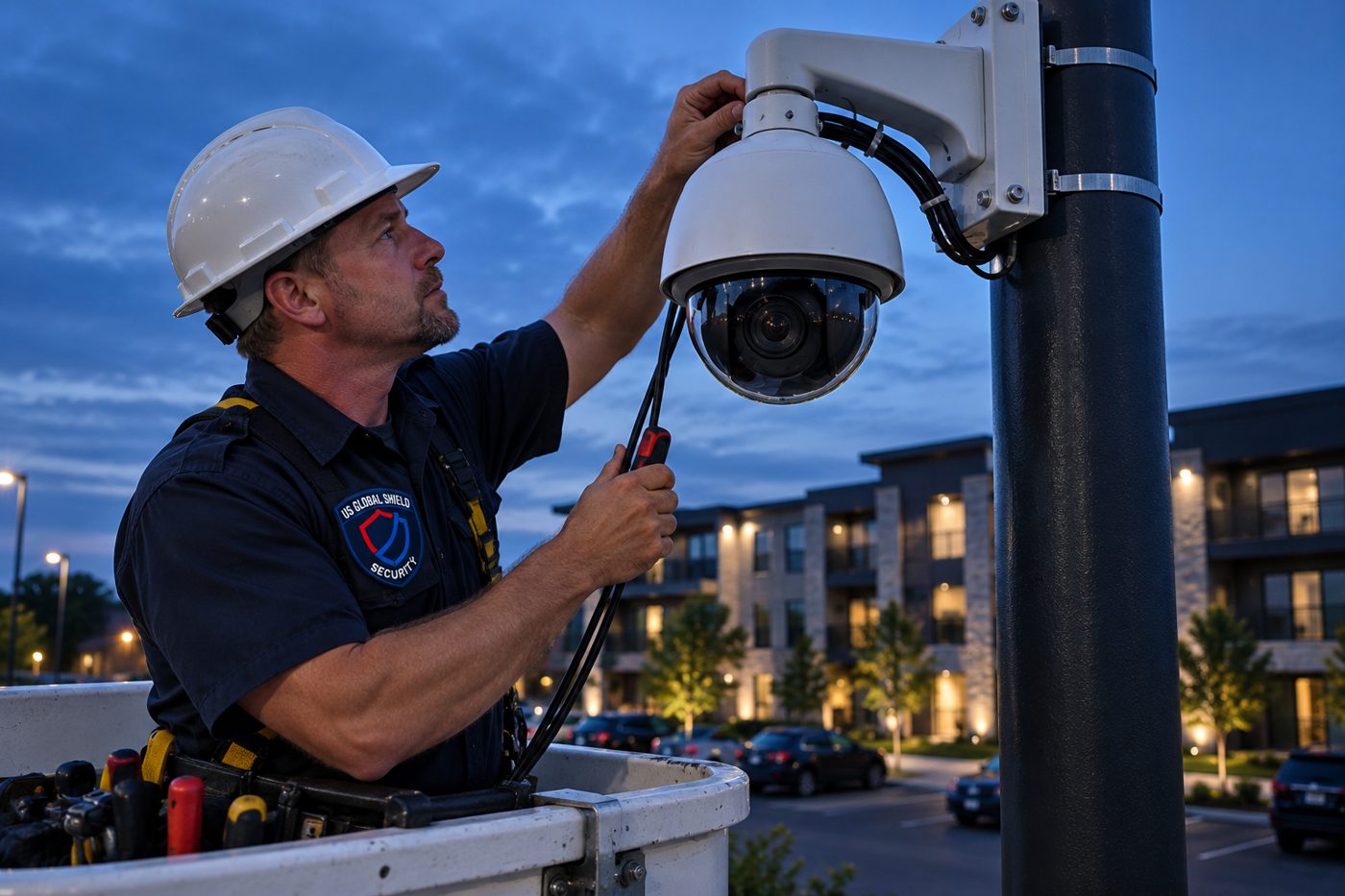 US Global Shield technician installing a PTZ security camera on a pole from a bucket lift at dusk