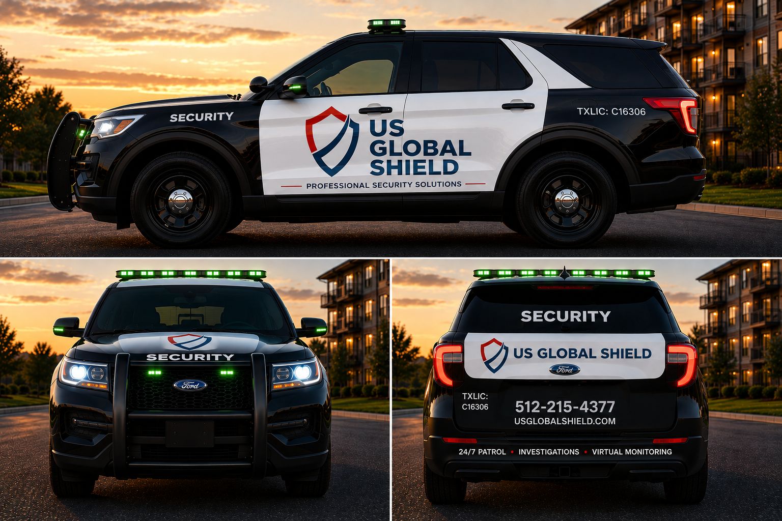 US Global Shield patrol vehicle shown from the side, front, and rear