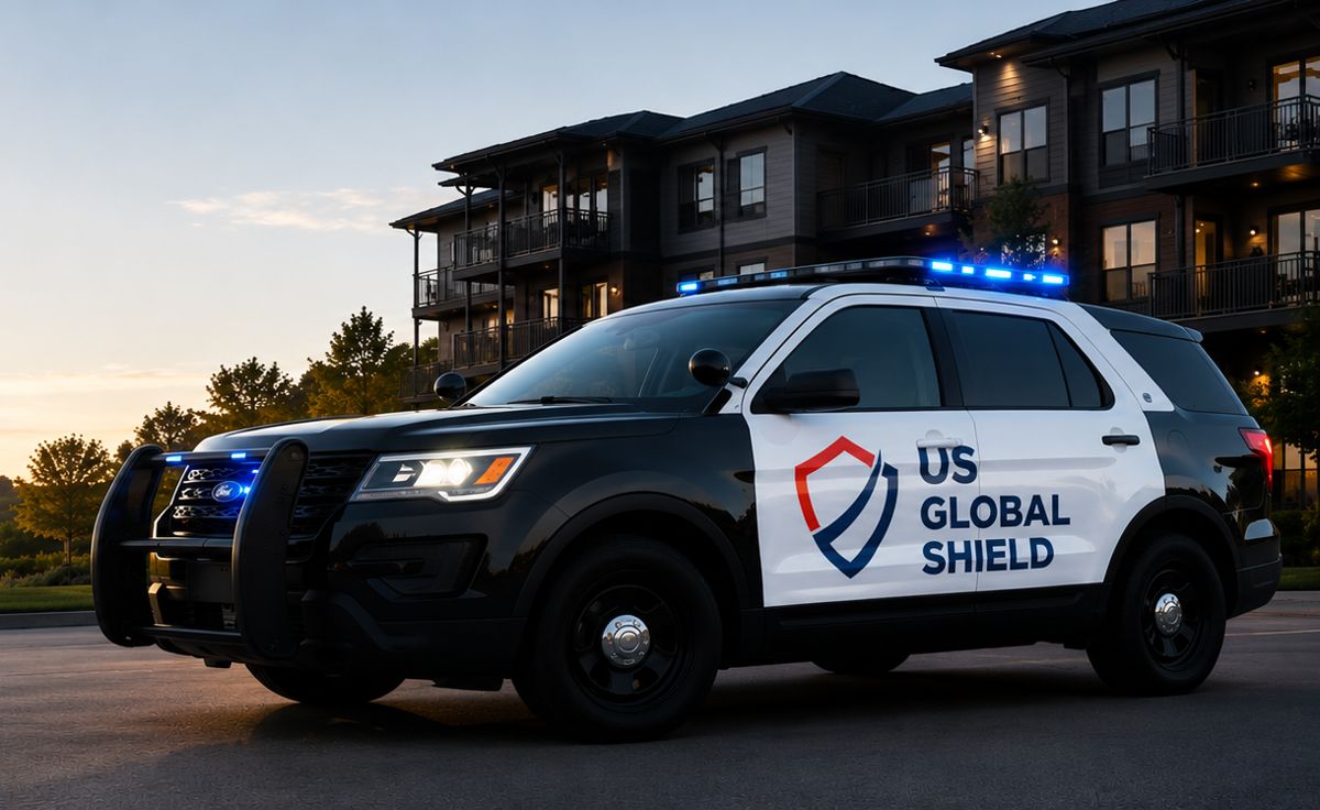 US Global Shield patrol SUV parked outside an apartment community at sunset